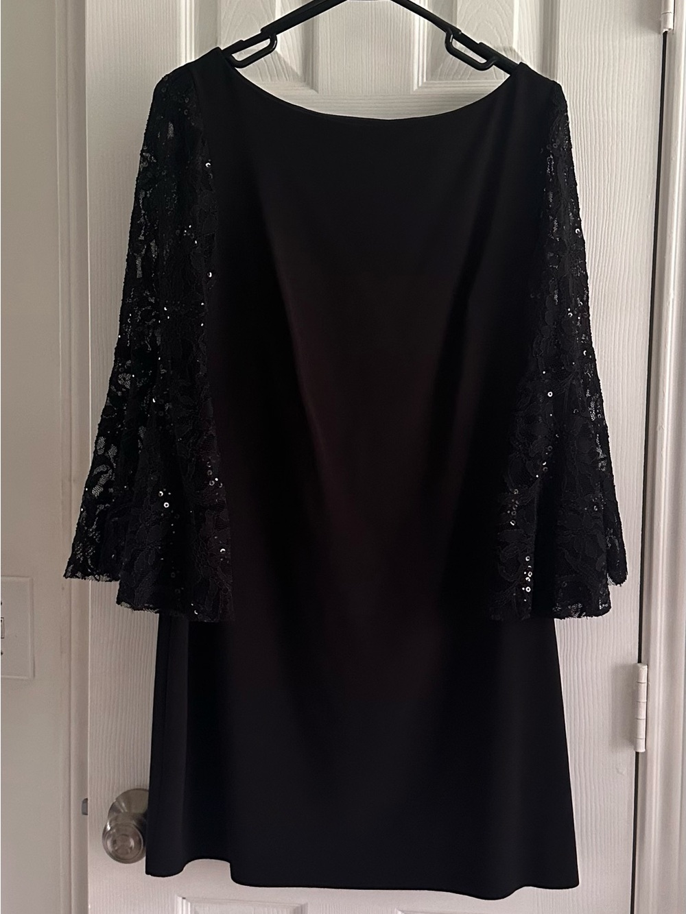 Xscape Black Midi Dress with Lace Sequin Bell Sleeves